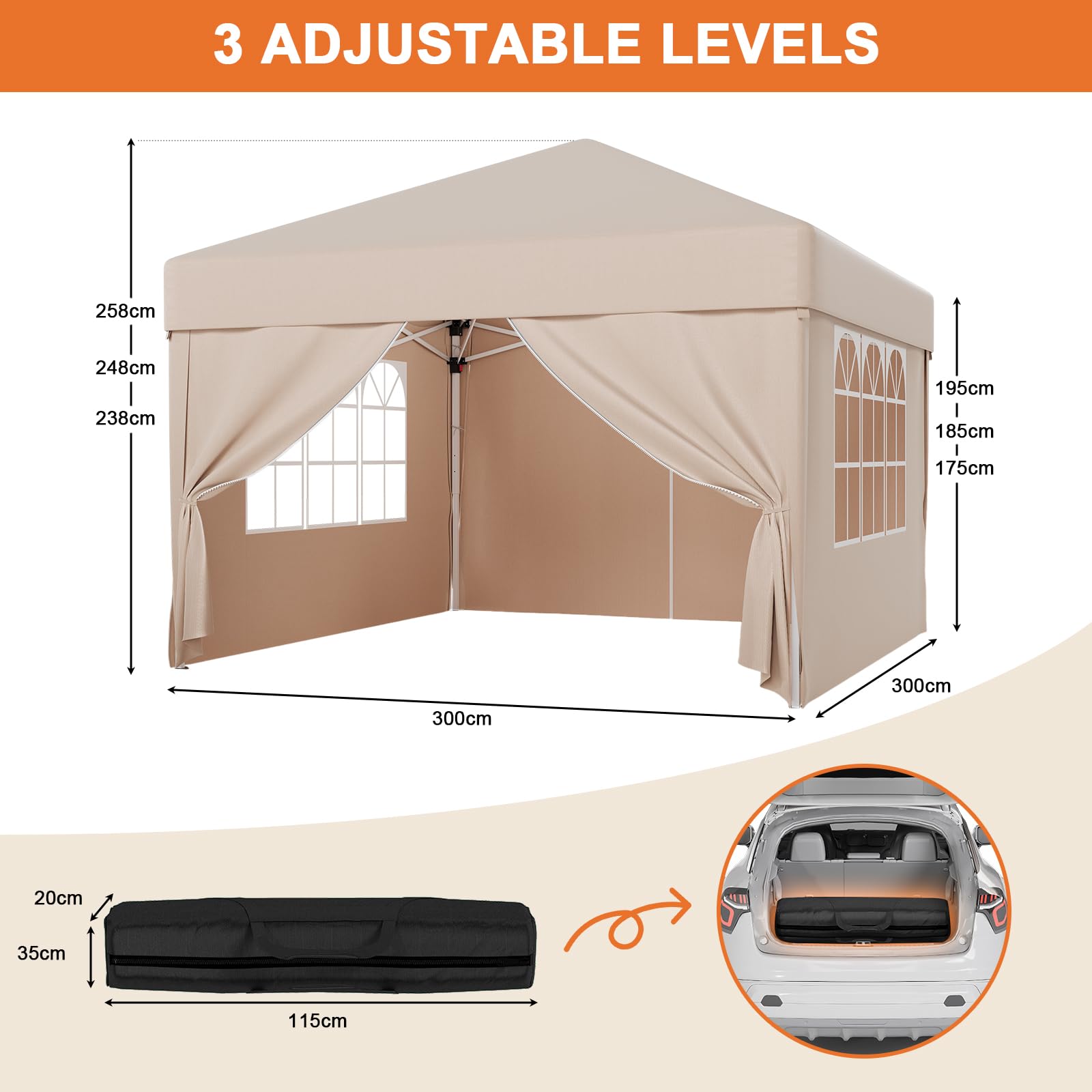 JUMMICO Gazebo 3x3 Pieghevole Impermeabile con 4 Parti Laterali，Gazebo Pieghevole Regolabile in Altezza,Gazebo da Giardino Protezione UV 50+,Gazzebo Da Giardino Campeggio Esterno Piscina Fiere,Beige