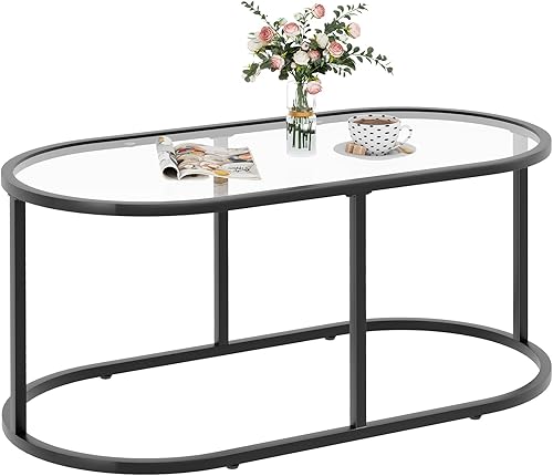 Miniatura 9 de Mesa de café Wolawu Mesas de café de vidrio negro para sala de estar, mesa de centro ovalada con marco de metal resistente, mesas de acento modernas