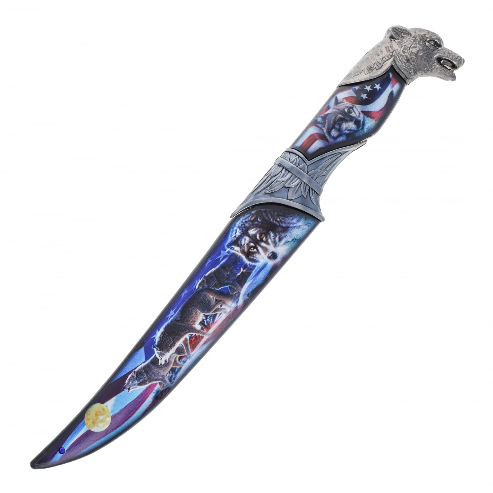 ASR Outdoor 13.5 inch American Flag Fixed Blade Collector's Howling Wolf Hunting Knife with Ornamental Scabbard