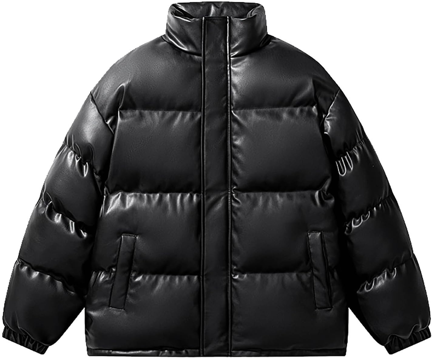 Men's Faux Leather Puffer Jackets Thickened Warm Winter Coats Heavyweight Zip Up Quilted Puffer Coat for Outdoor Ski