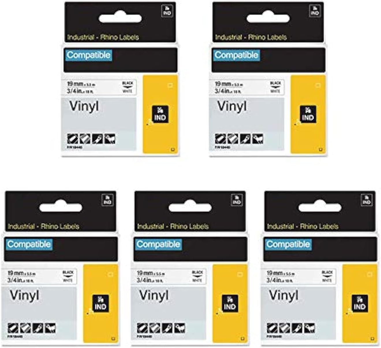 Compatible Label Tape Replacement for DYMO Rhino 18445 Vinyl 3/4" Industrial Permanent Label Tapes for DYMO Rhino 5200 4200 5000 6000 Industrial Label Maker, Black on White, 19mm x 5.5m, 5pack