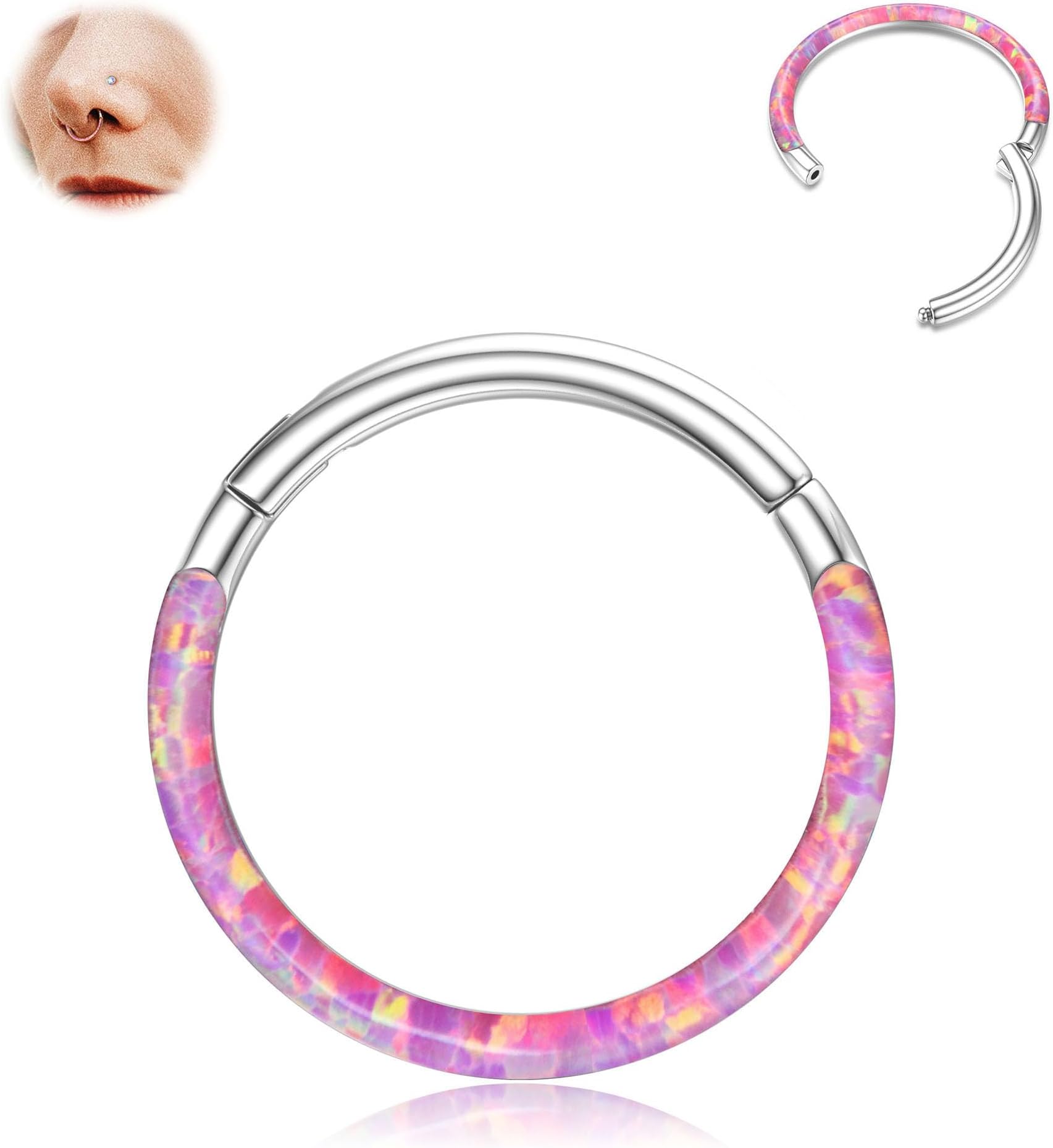 Hinged Opal Nose Rings Hoops - 16G/18G/20G 316L Surgical Steel Hinged Hoop Nose Rings Septum Rings Conch Helix Daith Piercing Jewelry Purple/Pink/Blue/White 10mm/8mm Silver/Gold Plated