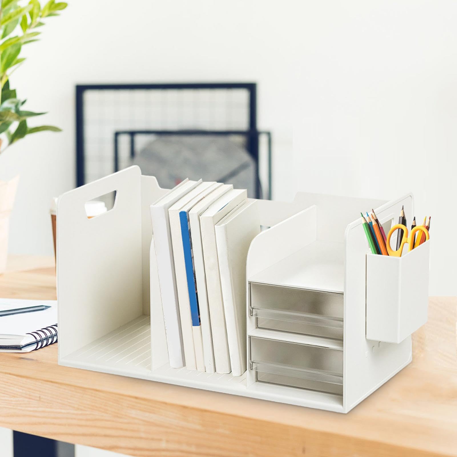Organizer da scrivania con supporto per libri, libreria da scrivania, organizer multifunzione da scrivania con 2 cassetti, solido supporto per libri di facile accesso, per cancelleria, libri, riviste