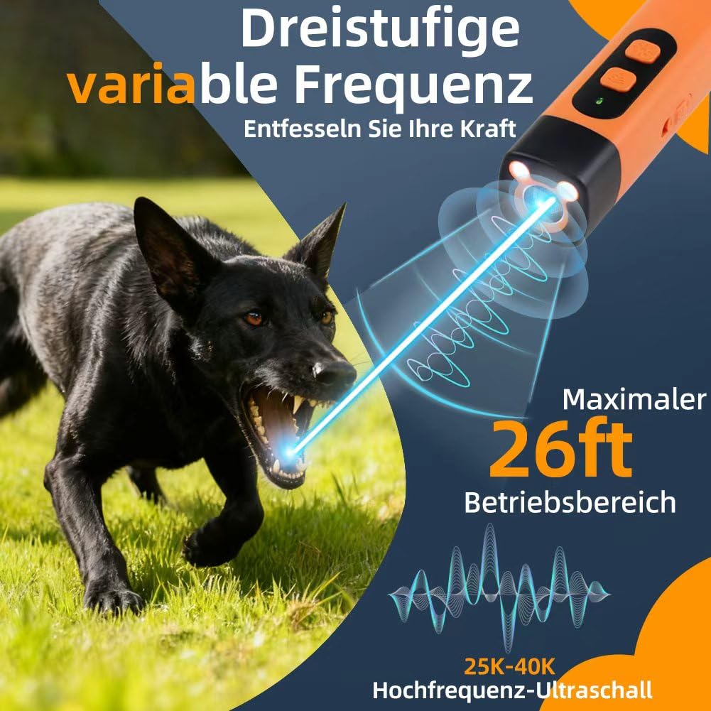 Ruhemeister Hund, 2026 Neu Ultraschall Hundevertreiber mit LED-Taschenlampe, Hand Held Anti Dog Bark Device Das mit Einem Einzigen Tastendruck die Aufmerksamkeit Ihres Hundes Erregt für Drinnen und Dr