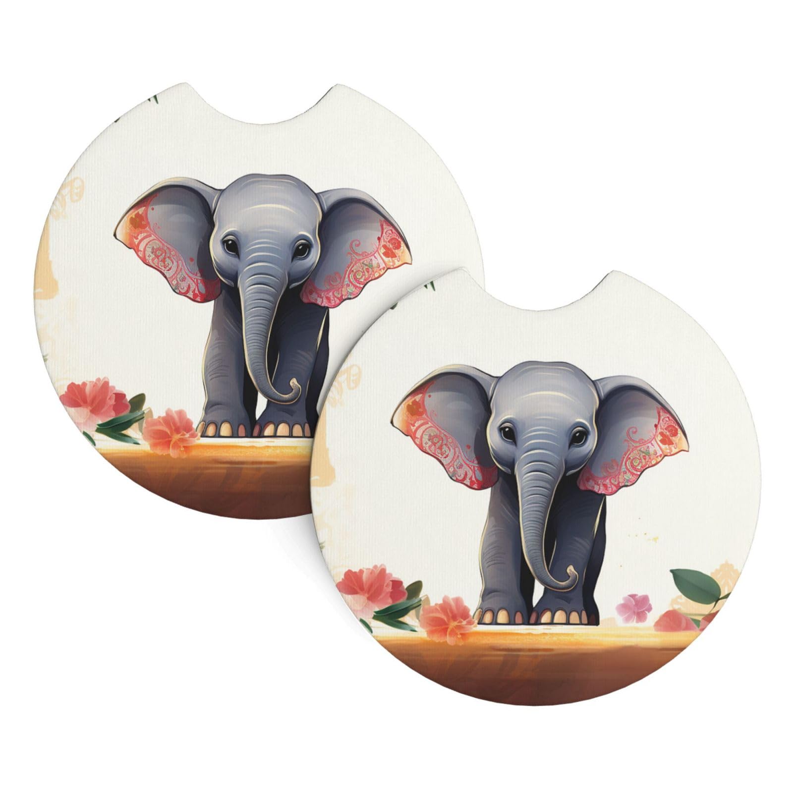 2 Pack Car Coaster for Cup Holders Lucky Elephant Car Cup Coaster 2.7" Neoprene Non-Slip Automotive Cup Mat Universal Auto Car Interior Accessories for Women Men Cup Pad