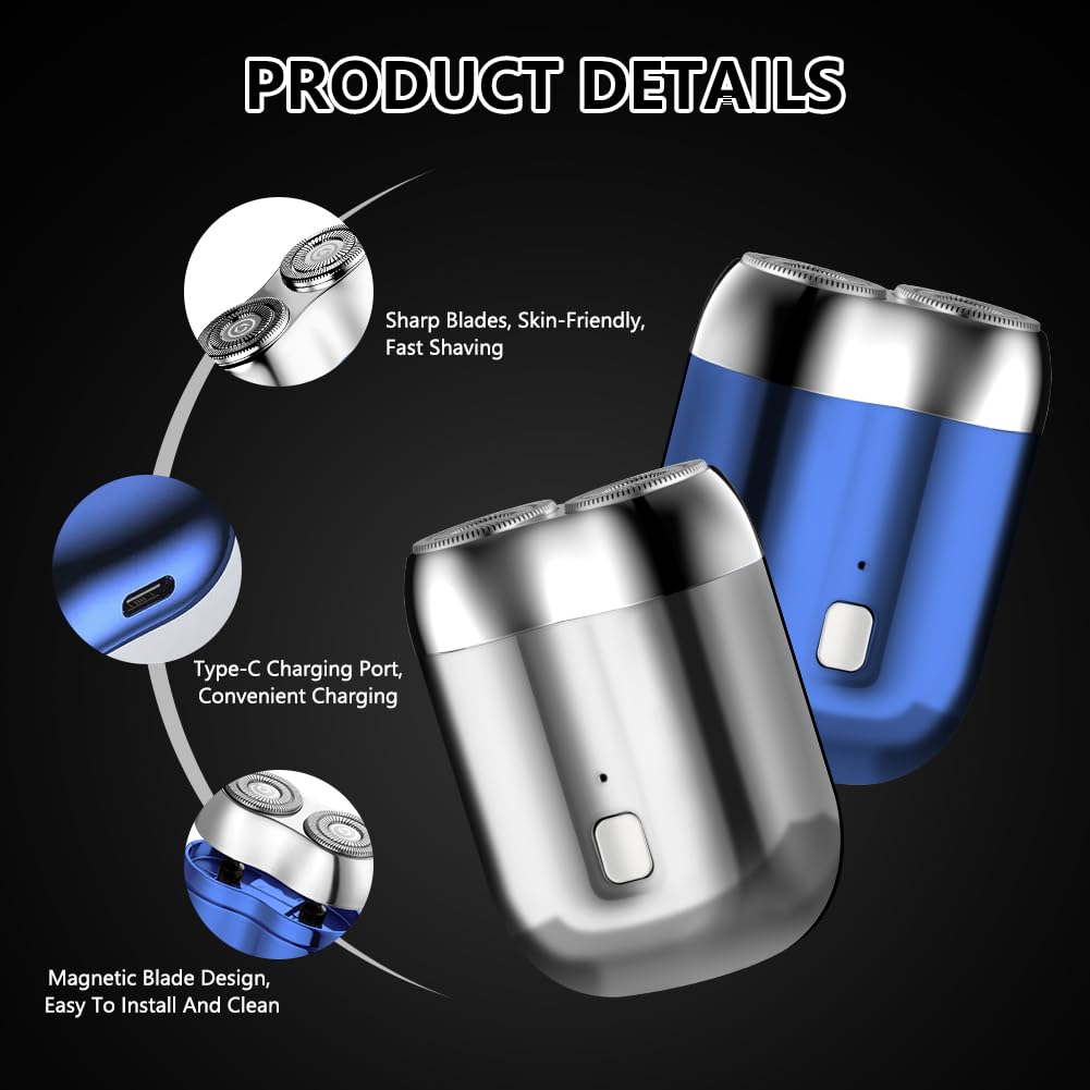 LOPHE Mini Rasoir Électrique pour Hommes IPX7 Étanche – Rasoir de Magnétique Voyage Rechargeable USB, Lames Haute Vitesse 7000 tr/min, Usage Sec/Humide,Portable Shave pour maison, voyages,Argenté