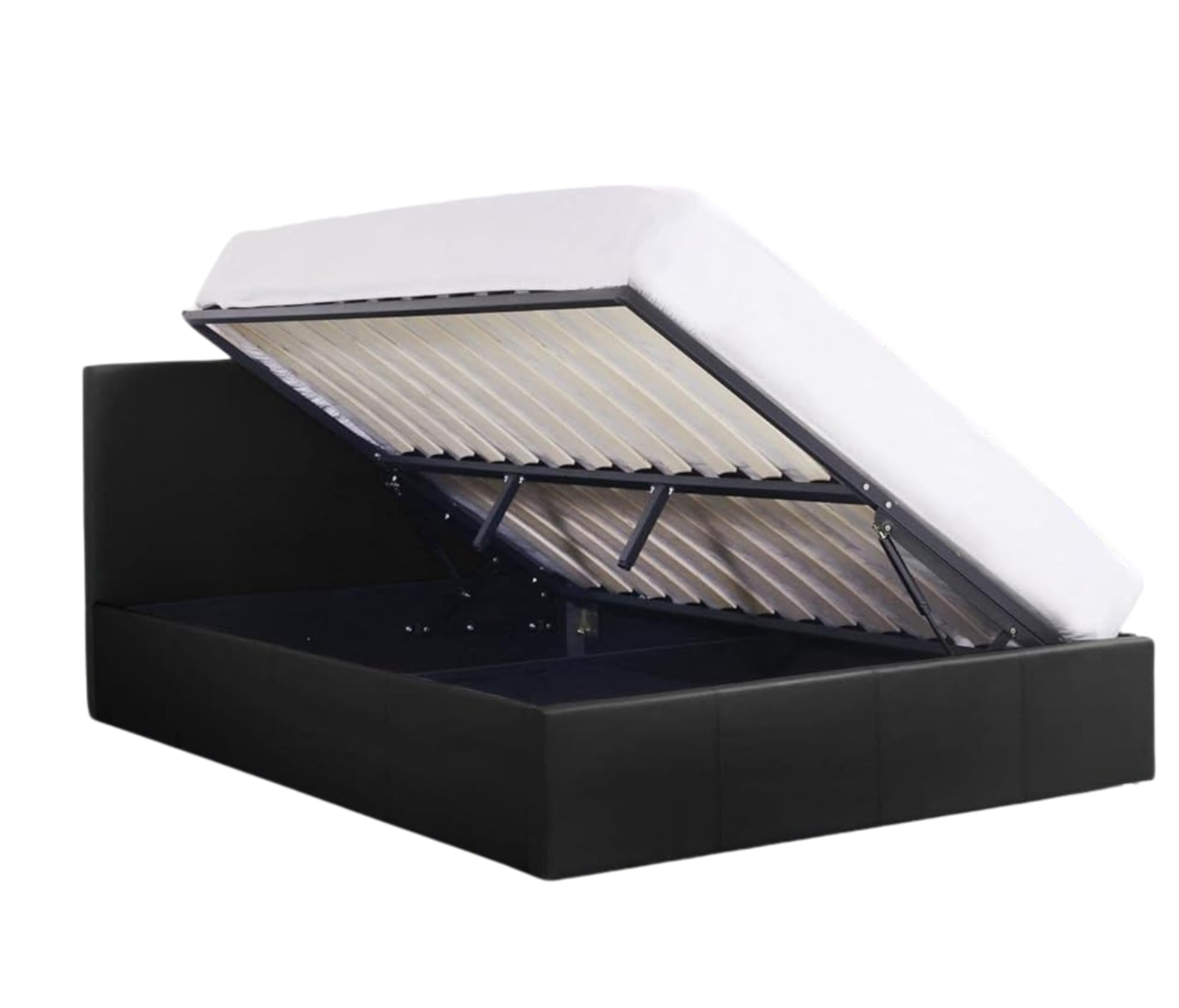 Modernique Side Opening Ottoman Storage Bed Frame, Black Faux Leather, Wooden Slatted Base (Small Double)