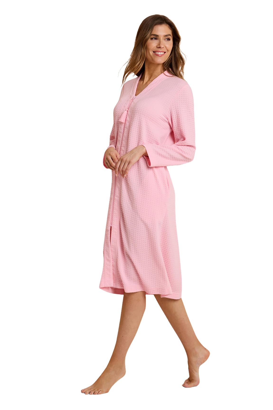 Chums Women's Pink Waffle Zip Through Dressing Gown, Soft Jersey Bathrobe With Tassel Zip Pull & Piping Detail M
