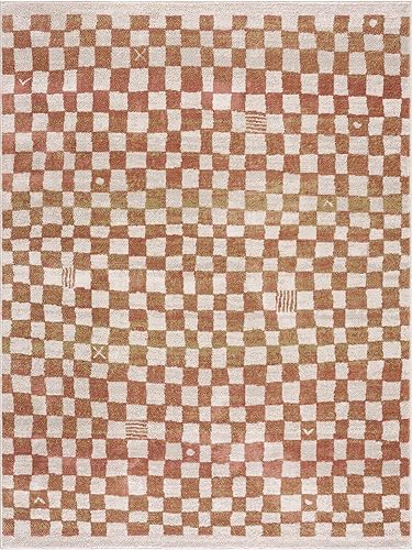 BoutiqueRugs Benjy Modern Checkered Area Rug - Contemporary Geometric Carpet for Living Room, Bedroom, Kids Room, Nursery - Cream, Somon, Rust - 2'7' x 4'