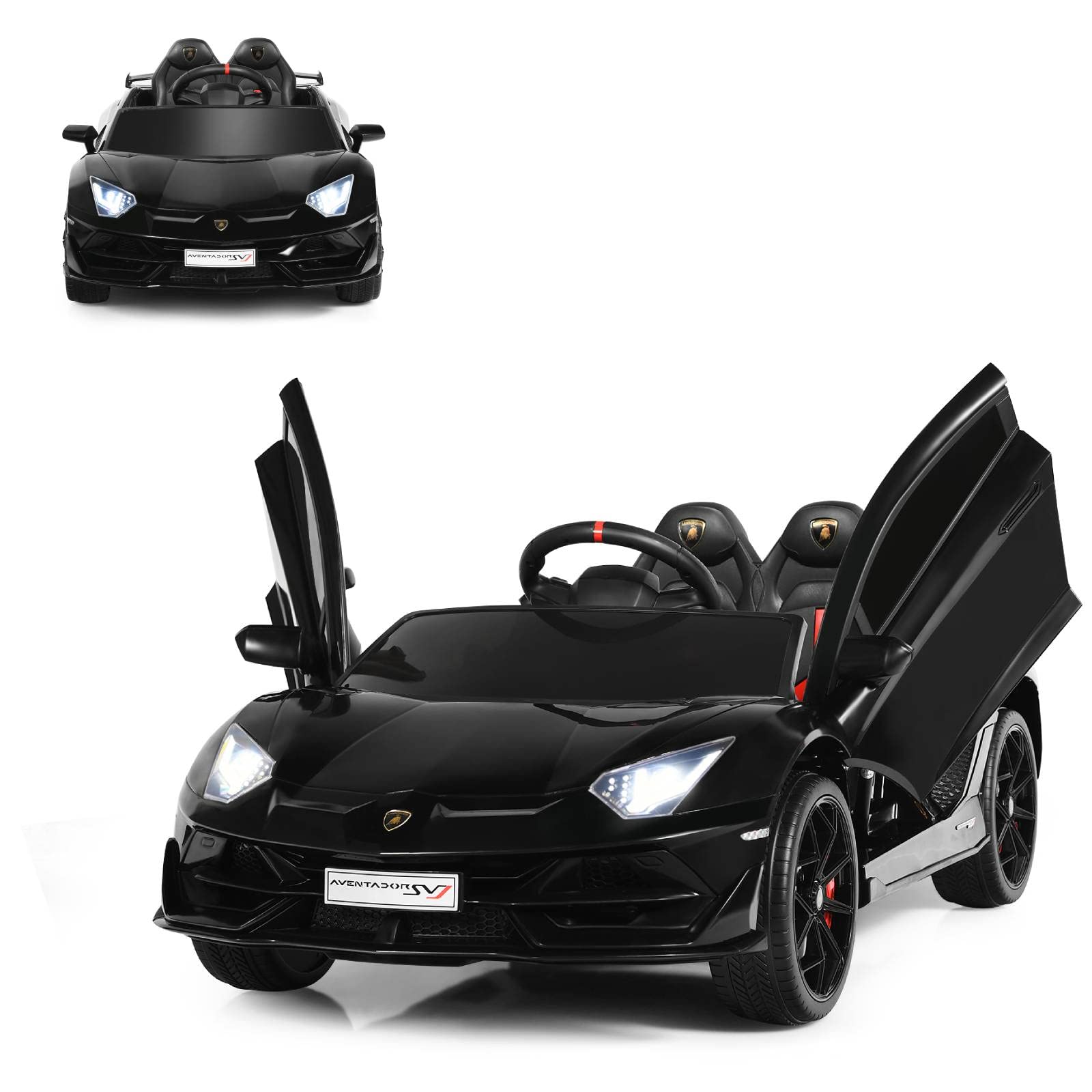 Kids Electric Ride on Car, 12V Battery Powered Vehicle with Remote Control, LED Lights, MP3/ USB, Spring Suspension, Compatible for Lamborghini Licensed Toy Car for 3+ Years Old (Black)