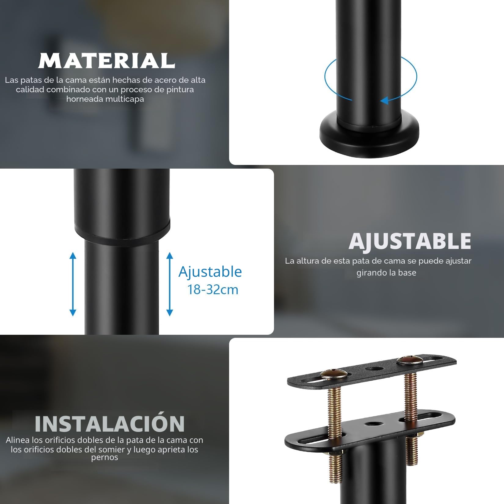 4 Pcs Patas de Somier Regulables 18-32cm de Altura, Patas para Muebles Altura Regulable, Pata de Cama Ajustables de Metal, Soporte Pata para Camas Somieres Sofas Armarios Mesas