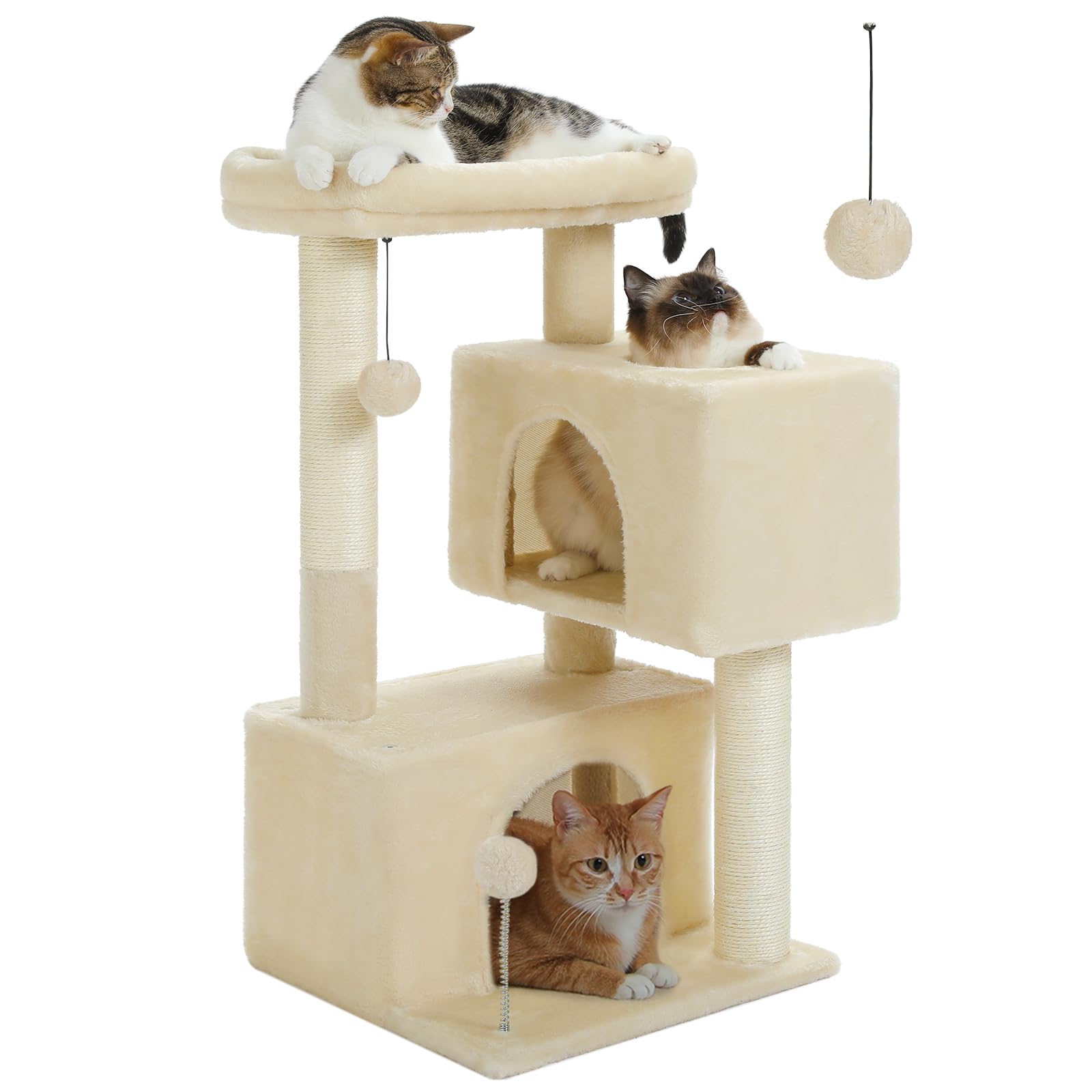 UYMI 32" Cat Tree Tower for Indoor Cats - 2 Cozy Condos, Multi-Level Cat Scratching Posts with Sisal, Soft Padded Perch, 2 Dangling Toys, Beige