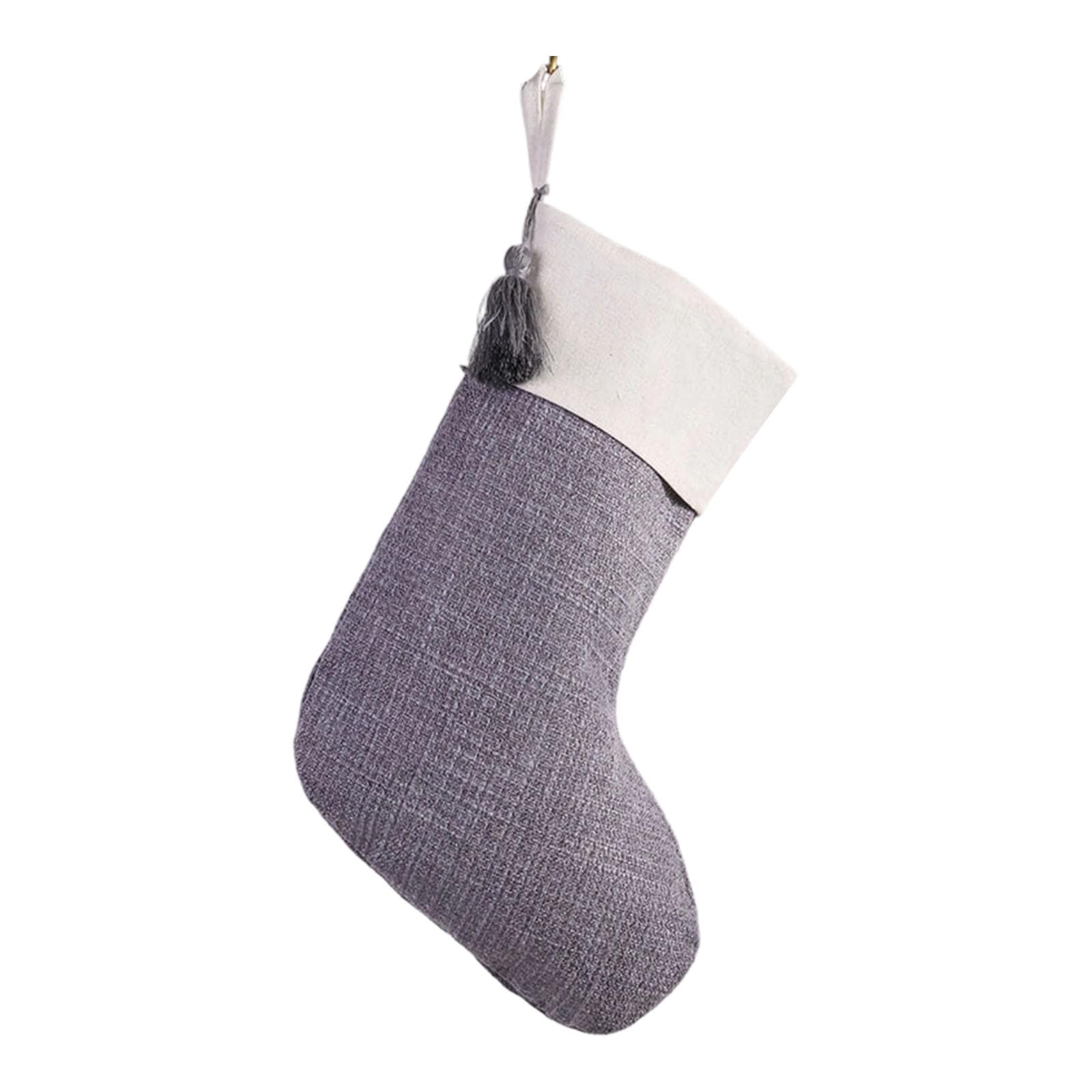 Buxuaaaa Grey Festival Stocking With Plush Texture Decorative Fringed Christmas Sock Ornament With Tassels And Cuff Comfortable Christmas Sock