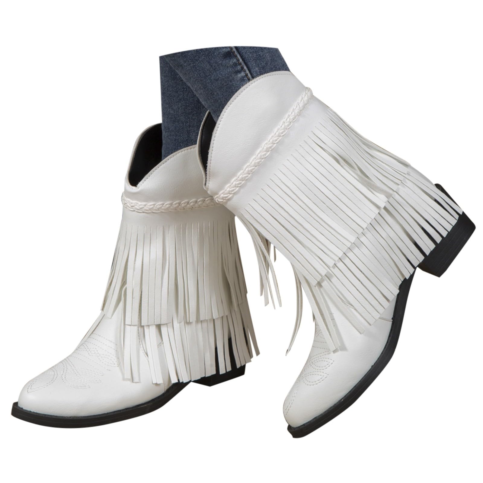 Cowboystiefel aus Leder für Damen mit Quasten, Cowboystiefel mit Fransen, Westernreitstiefel, breite Wadenschuhe, Cowgirl-Schuh, breite Breite, Vintage-Schuhe, bestickt, kurze Stiefel