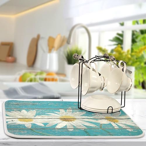 Vista 6 de Daisy On Old - Tapete de secado de platos de madera para encimera de cocina, tapete de secado de madera turquesa de 18 x 24 pulgadas con tapete