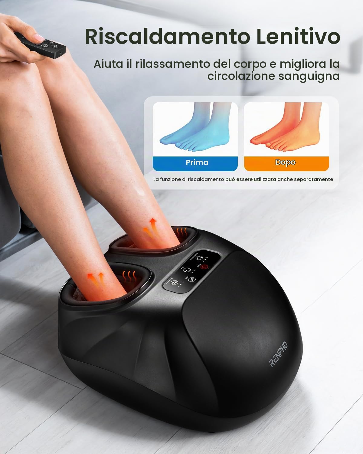RENPHO Massaggiatore Piedi, Riscaldante con Telecomando, Massaggiatore Piedi Shiatsu con Impostazione Calore Multi-Livello, Spreme e "Impasta", Sollievo da Fascite Plantare e Muscoli Stanchi | Rulli Shiatsu per la pianta del piede, compressione d'aria per