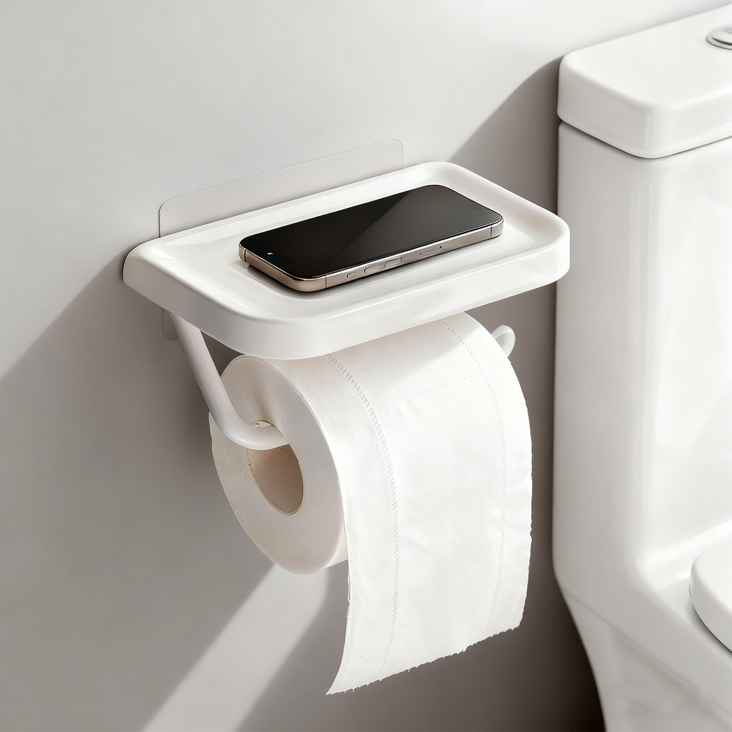 Self Adhesive Toilet Paper Holder with Shelf, No Drill Wall Mounted Bathroom Tissue Holder, Sticky TP Roll Holder with Phone Shelf for RV, White