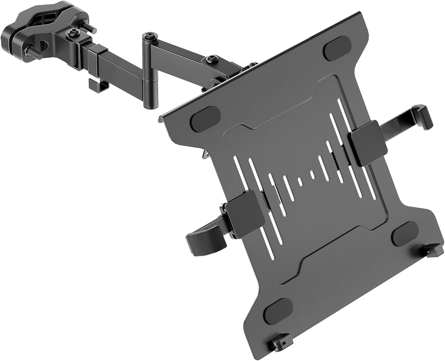 monTEK 2-in-1 Universal Laptop Pole Mount Tray for 10”- 15.6” Notebook or 17”-32” Monitor, Full Motion Laptop Mount with Removable 75/100mm VESA Plate, Fits 1.1”-2.4” Pole Diameter, Black