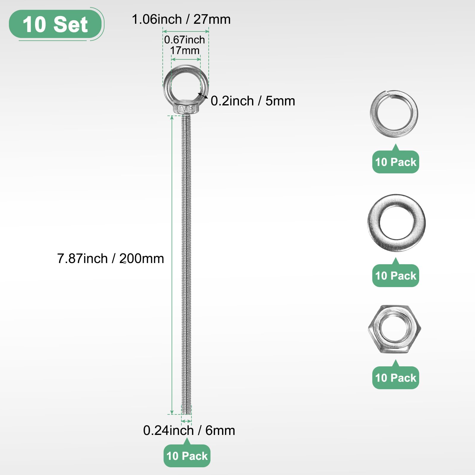 M METERXITY 10-Sets Stainless Eyebolt M6x200mm Shoulder Lifting Eye Bolt with Nuts Washers Male Screw Thread Ring Shoulder Eye Bolts Length 7.87 Inch for Suspending/Fastening - Image 3