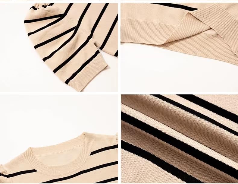 Sumleno Womens Puff Short Sleeve Sweaters Trendy Striped Pattern Short Sleeve Crew Neck Tops Soft Casual Work Knit Pullover - Image 6