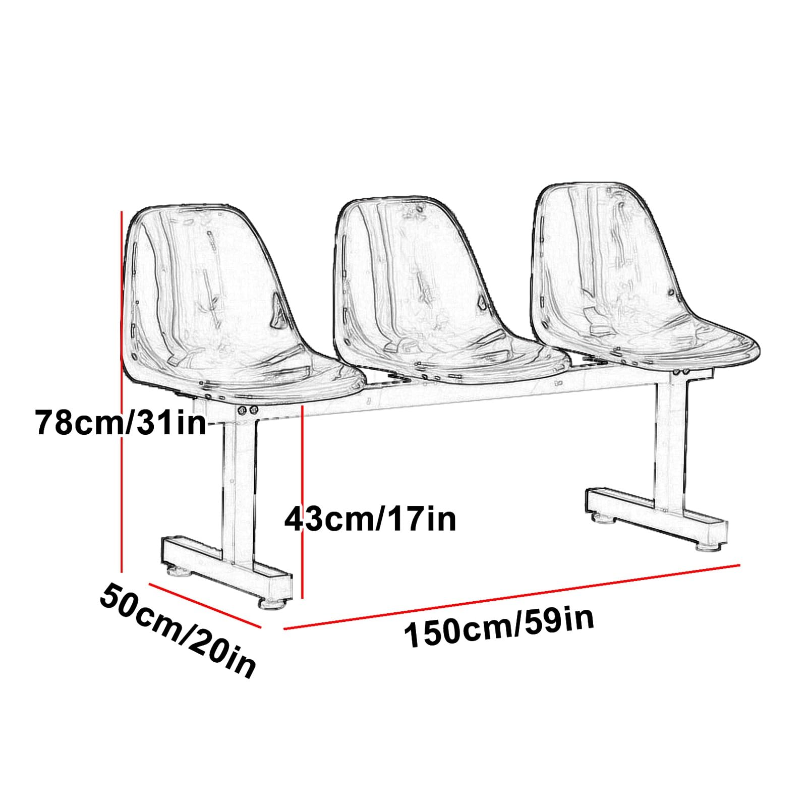 Banco de plástico para exteriores, 3 asientos, área de espera, silla de parque, asiento para clínicas, aeropuertos, hospitales, barberías (amarillo)