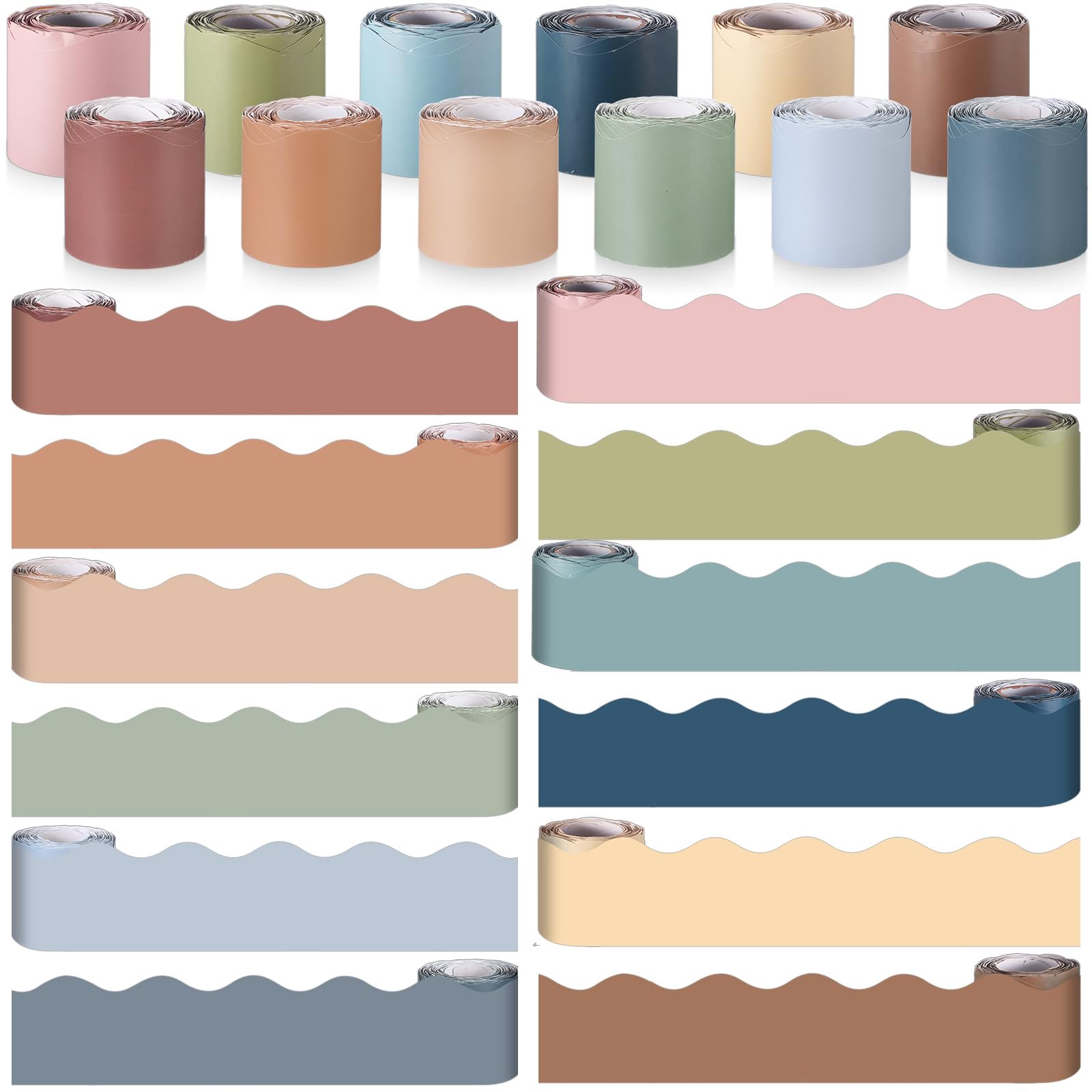 zhanmai 590ft classroom bulletin board borders sets, 12 rolls borders for bulletin board scalloped trims decoration for fall school office chalkboard whiteboard poster decor(boho color)
