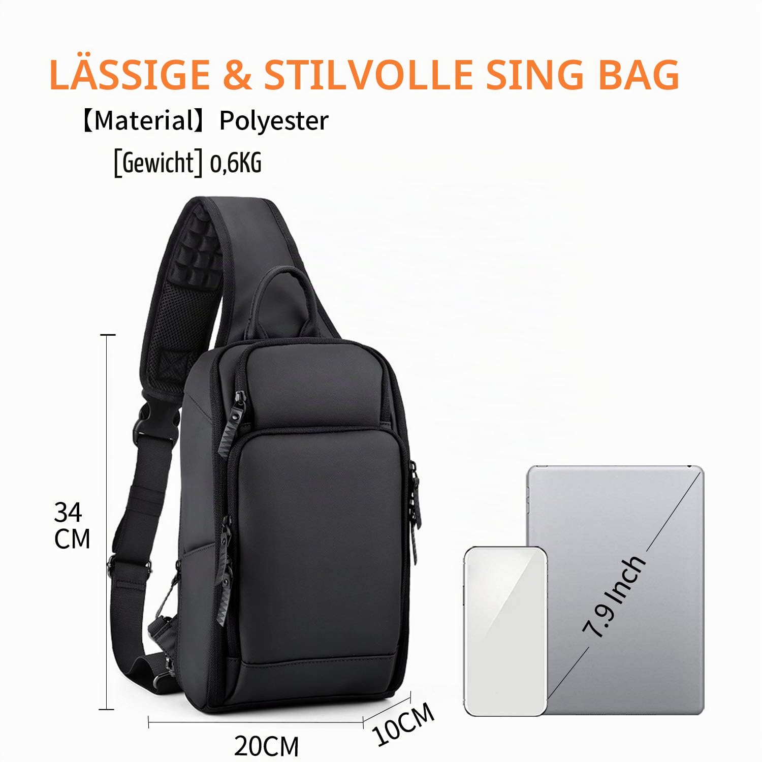 FANDARE Herren Brusttasche Schultertasche Sling Bag Rucksack mit USB Umhängetasche Grosse Kapazität Sporttasche für Wandern,Abenteuer,Sport, Reisen Wasserdicht Polyester