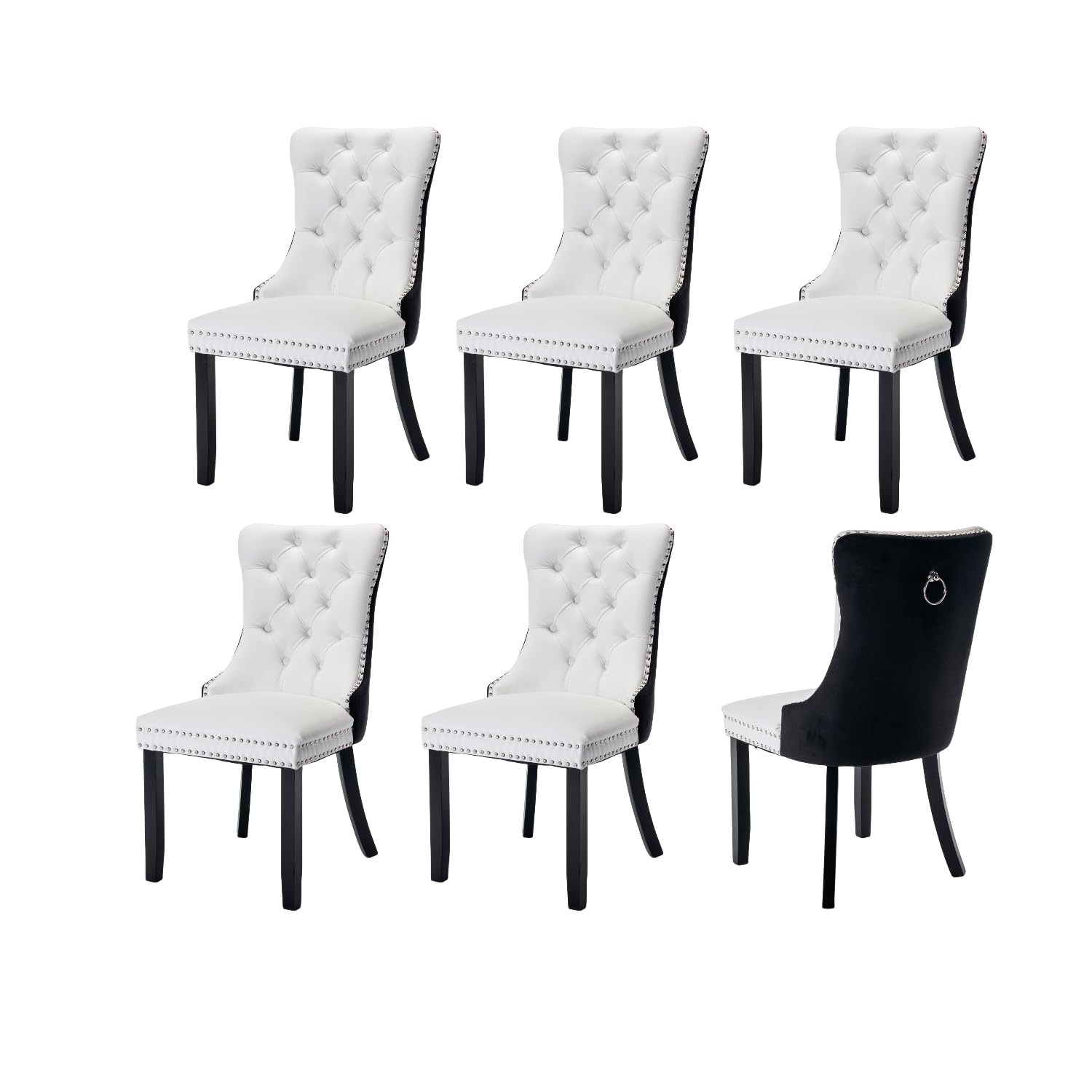 HMFULE PU Dining Chairs Set of 6, Upholstered Tufted Dining Room Chair with Silver Nailhead Trim, Solid Wood Leg and Back Ring Pull for Kitchen Living