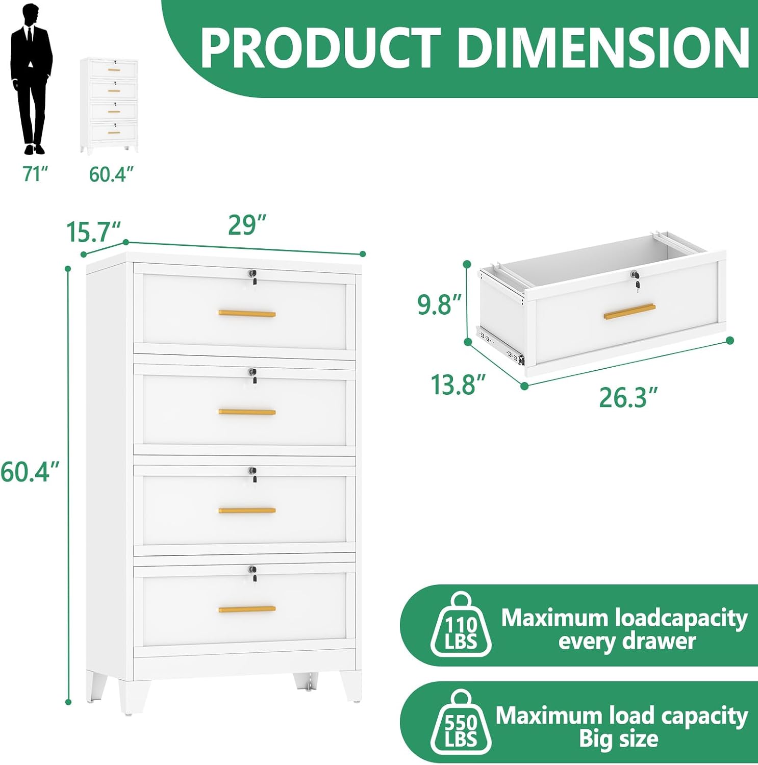 Metal Lateral File Cabinet with Lock,4 Drawer Steel Wide Filing Organization Storage Cabinets,Office Filing Cabinet for Legal/Letter/A4/F4 Size with Hanging Files&Key,Lockable Cabinets for Home Office