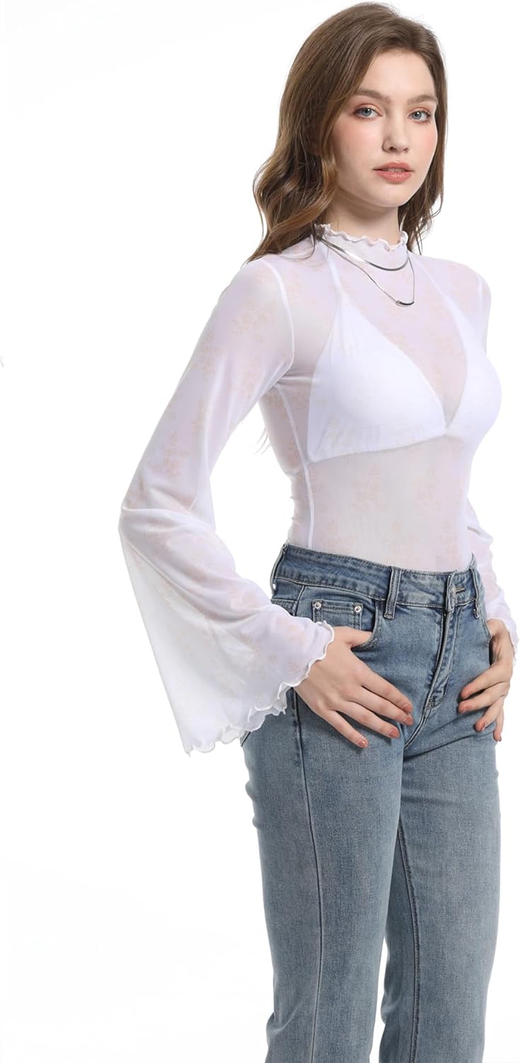 Durio 70s Womens Bell Sleeve Top Floral Tops for Women Disco Outfit Mock Neck Tops Semi Sheer Mesh Long Sleeve Top - Image 7