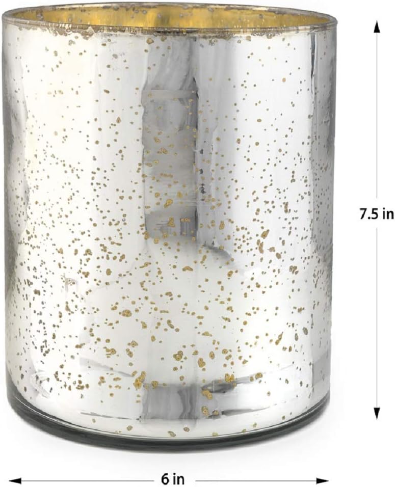 Serene Spaces Living Antique Silver Cylinder Vase, Vintage-Style Handmade Mercury Glass Finish for Weddings, Parties, Events, Measures 7.5" Tall and 6" Diameter