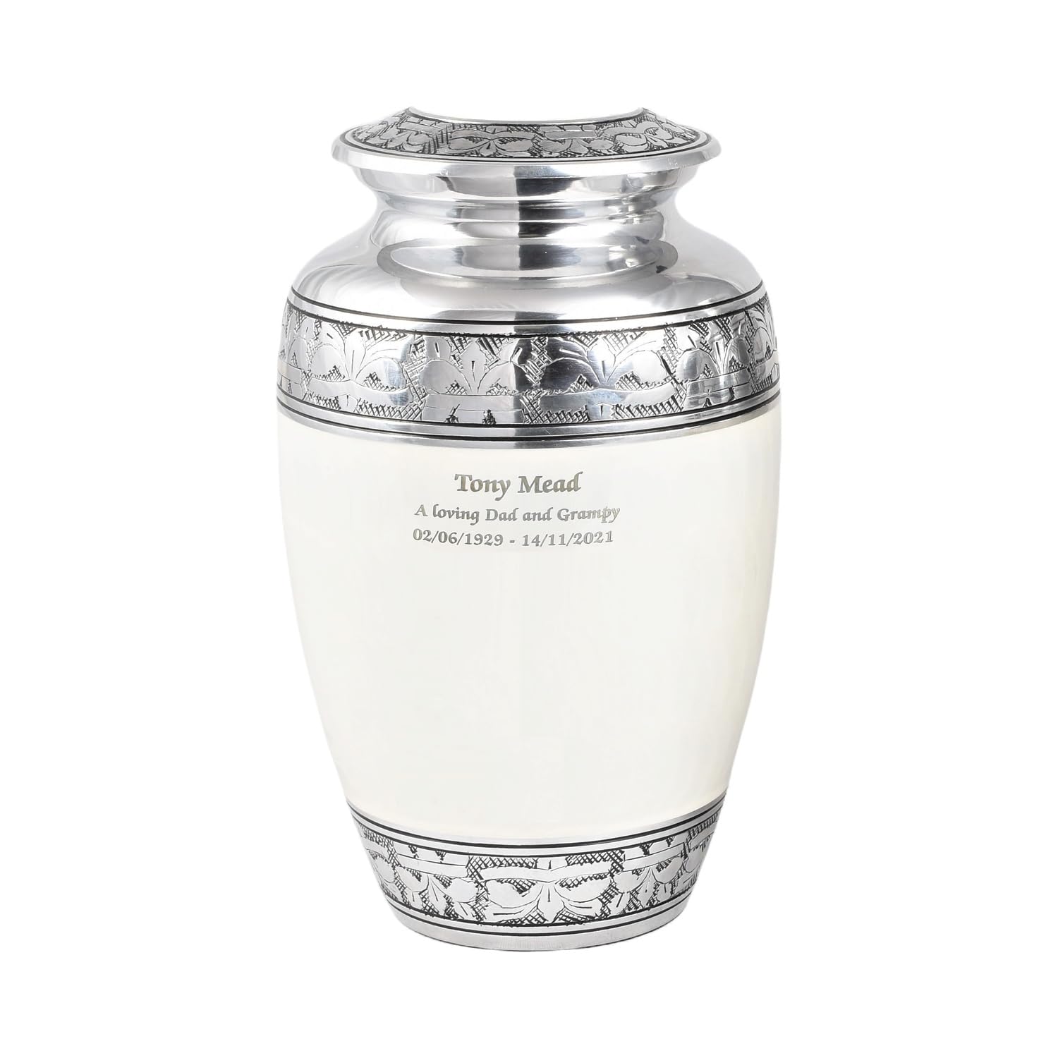 Cremation Urn for Human Ashes – Adult Large Decorative Aluminum Funeral Memorial Keepsake – Securely Holds approx. 90kg or 14 Stone Body (White-Text Engraved, Adult Size)