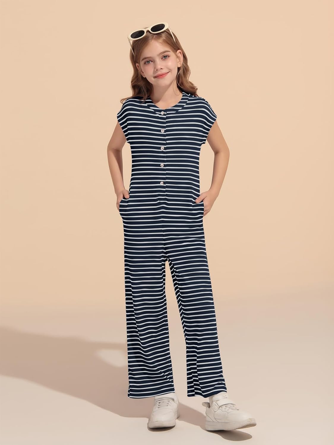 Haloumoning Girls Striped Jumpsuit Kids Summer Cap Sleeve Wide Leg Romper Button Down Outfits 5-14 Years - Image 3