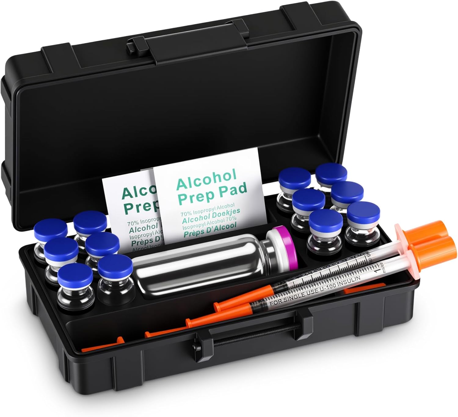 Peptide Case 3ml x 12 + 30ml BAC & Case Holds with Syringe and Cotton Compartment 3 ml Vial Storage Holder for Fridge and Injection Travel Kit, Box Only, Excluding Medicine Bottles(Black)