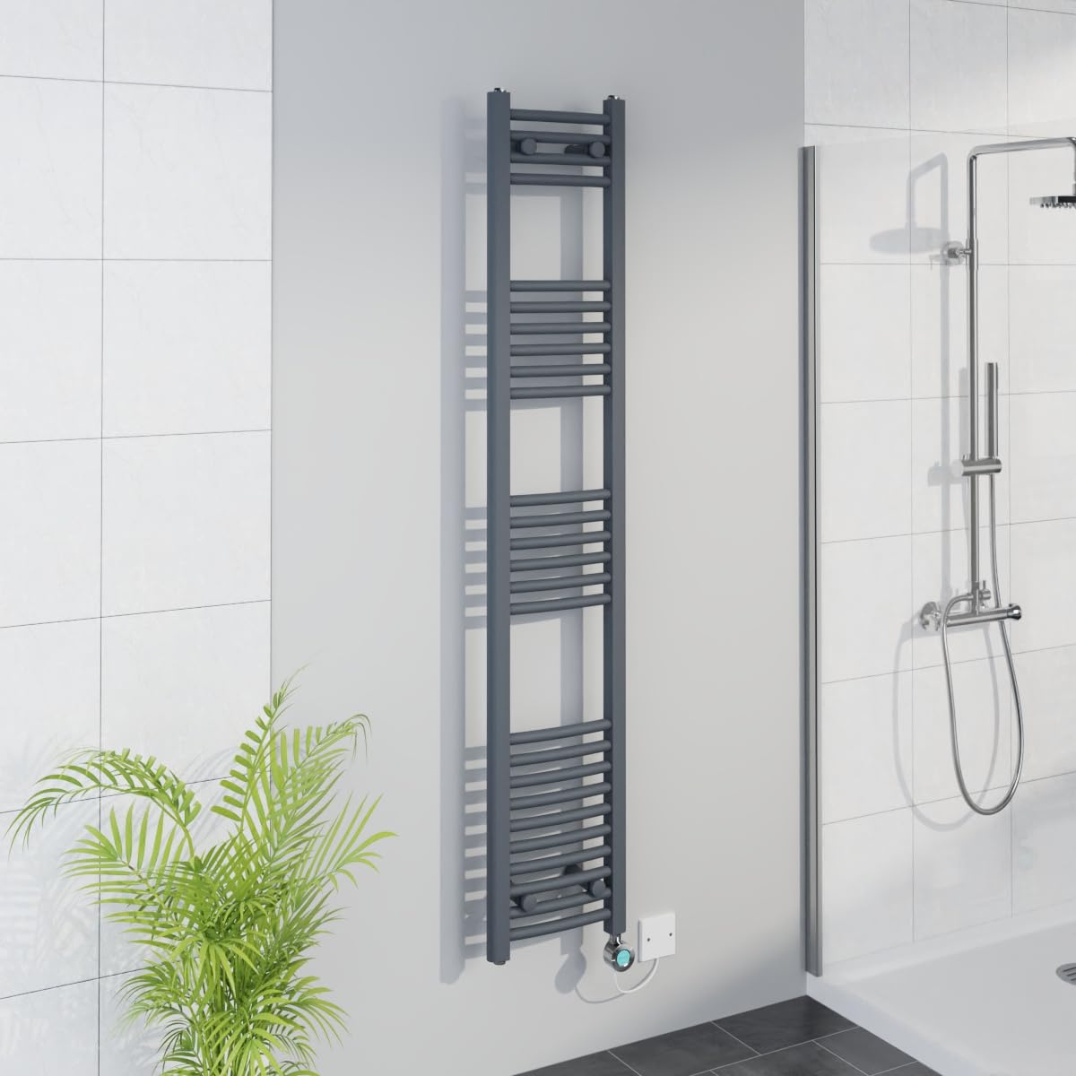 Warmehaus Grey WiFi Electric Curved Towel Rail 1600x300mm Element Chrome