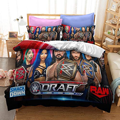 NICHIYOBI World Wrestling Entertainment Parure de lit avec housse de couette et taies d'oreiller, en microfibre, impression numérique 3D (6, Double 200 x 200 cm)