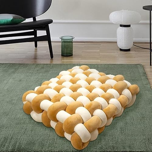 Almohada decorativa cuadrada de 13 pulgadas, almohada anudada de terciopelo blanco y camello de 8 bolas, almohada de piso para sala de estar,