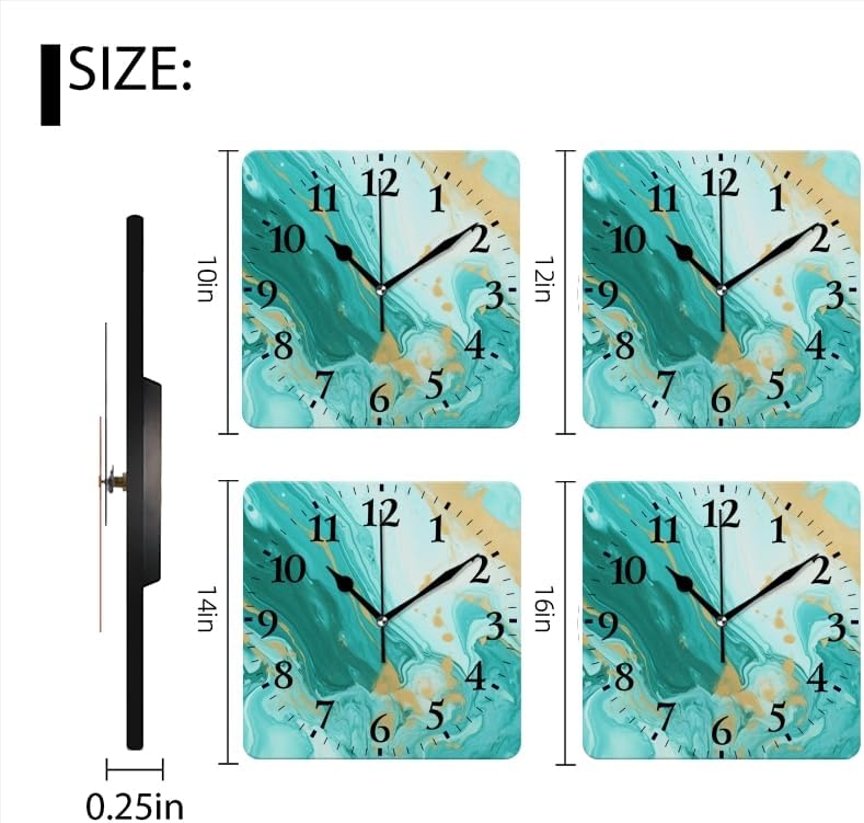 Battery Operated Wall Clocks Abstract Teal and Gold Marble Pattern Silent Non-Ticking Decor Clock with Photo for Bathroom,Office(12inch)