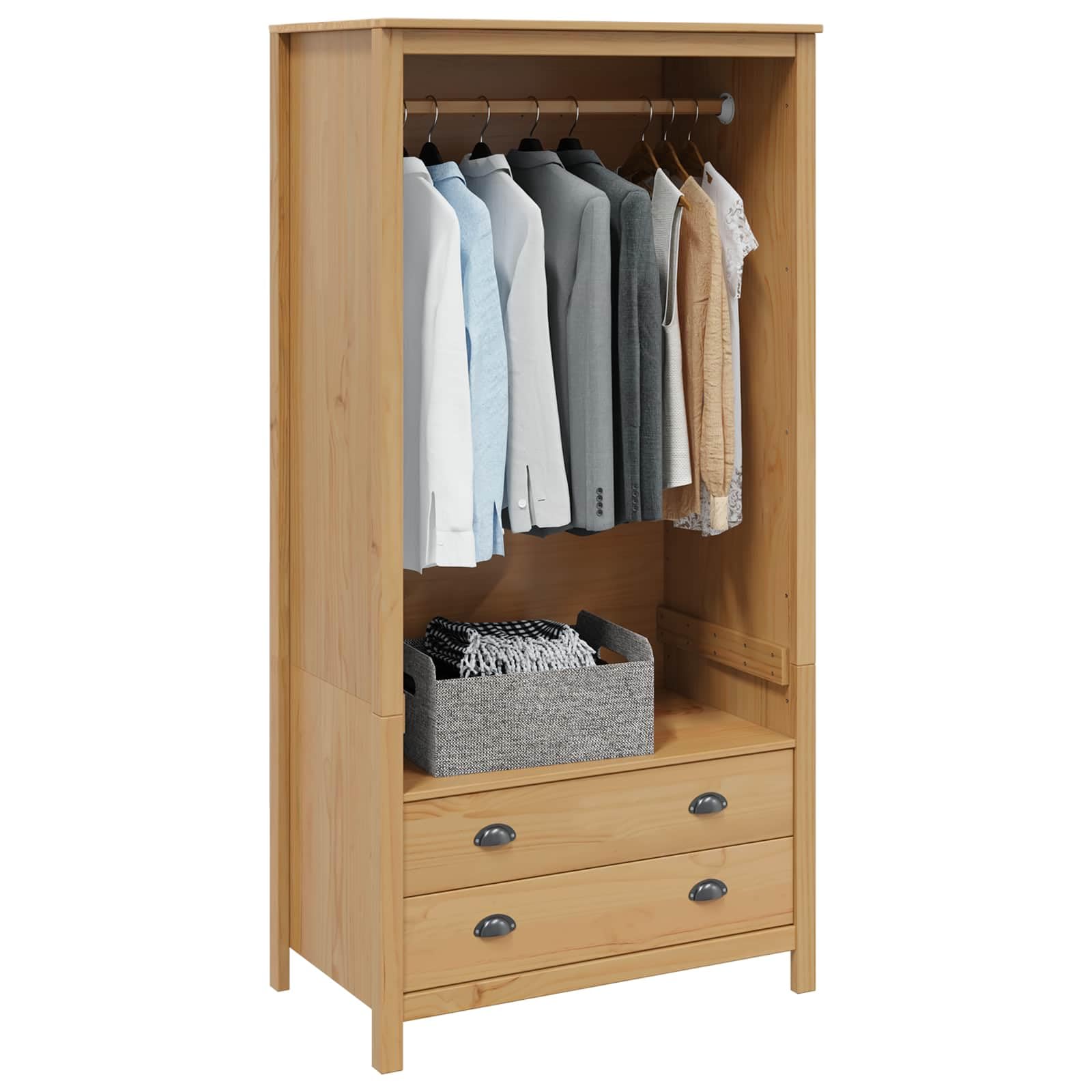 Hill Armoire en pin massif marron miel 84 x 50 x 170 cm avec 2 tiroirs, étagère, garde-robe pour chambre à coucher, rangement pratique, porte pivotante peu encombrante