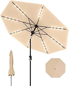 9 Ft Patio Umbrella with Solar Lights, Outdoor Table Umbrella with 32 LED Lights & Tilt Crank, 8 Ribs Market Table Umbrella for Pool, Deck, Backyard, Tan