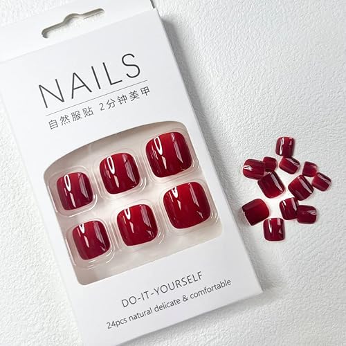 Miniatura 3 de Uñas postizas a presión, uñas postizas cuadradas cortas con diseños rojos, color nude, cobertura completa, brillantes, uñas postizas acrílicas para