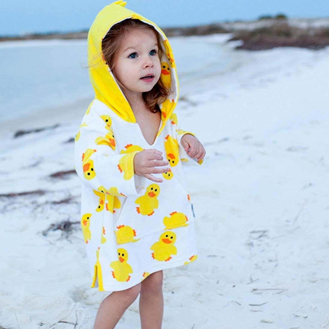 ZOOCCHINI Baby & Toddler Terry Swim Coverup – UPF 50+ Long Sleeve Pullover with Terry-Lined Hood & Front Pocket, Small/Medium 0-12 Months, Puddles the Duck