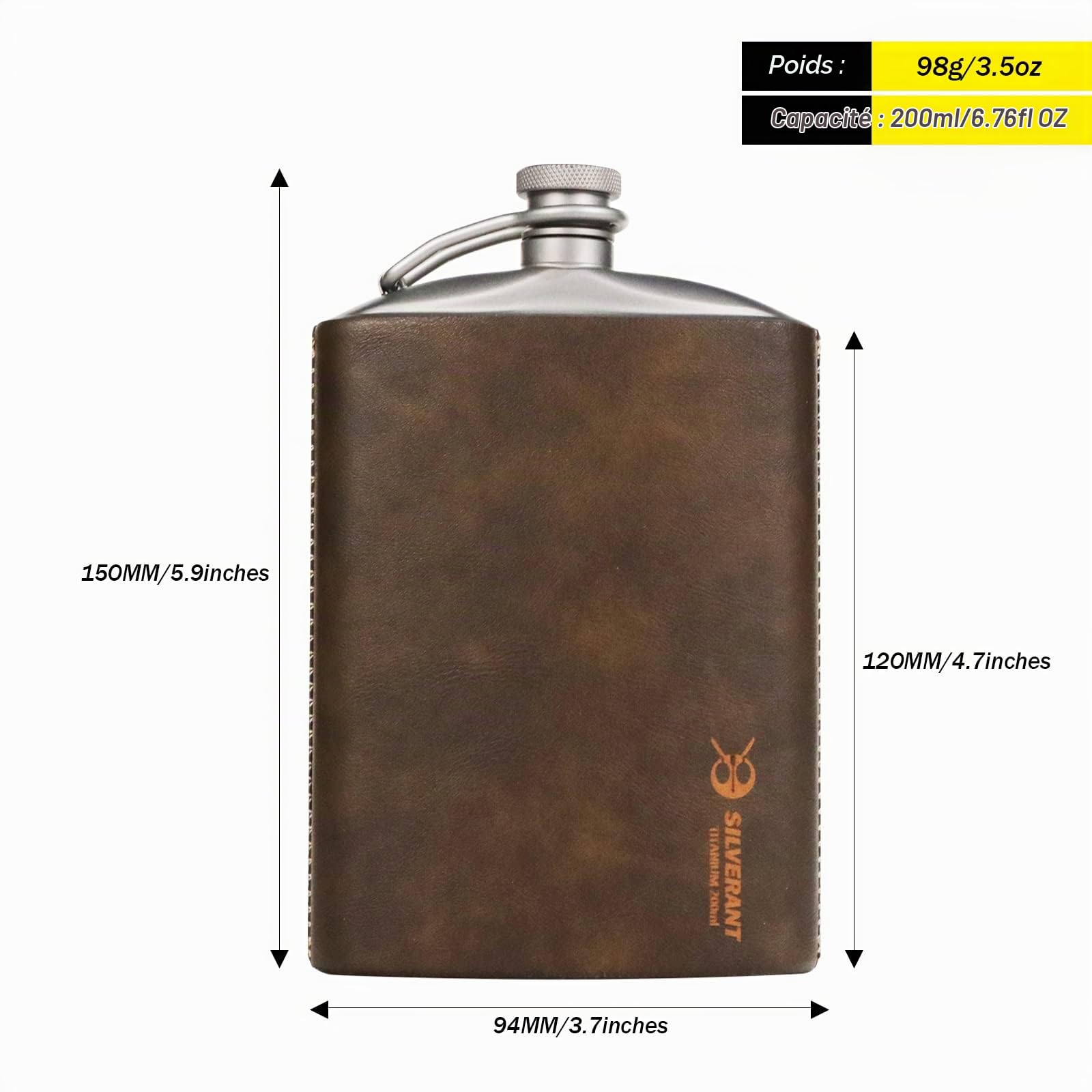 SILVERANT Flasque en titane avec entonnoir et bouchon à vis pour camping, randonnée, voyage, extérieur (220 ml, cuir)