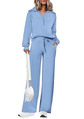 PRETTYGARDEN Women's 2 Piece Outfits Casual Lapel Half Zip Sweatshirts And Wide Leg Pants Tracksuit Sets