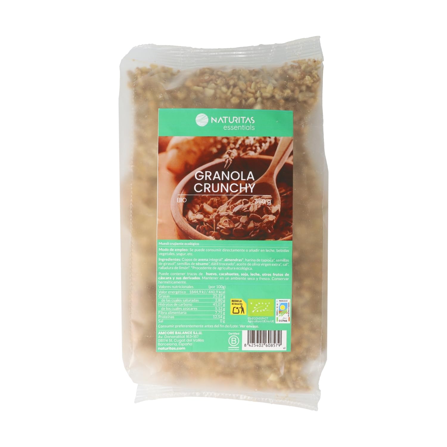 Granola natural crunchy baja en azúcar | 350 g | Naturitas Essentials | Granola baja en azúcar | Con avena, frutos secos y semillas | Mueslis y Cereales de Desayuno