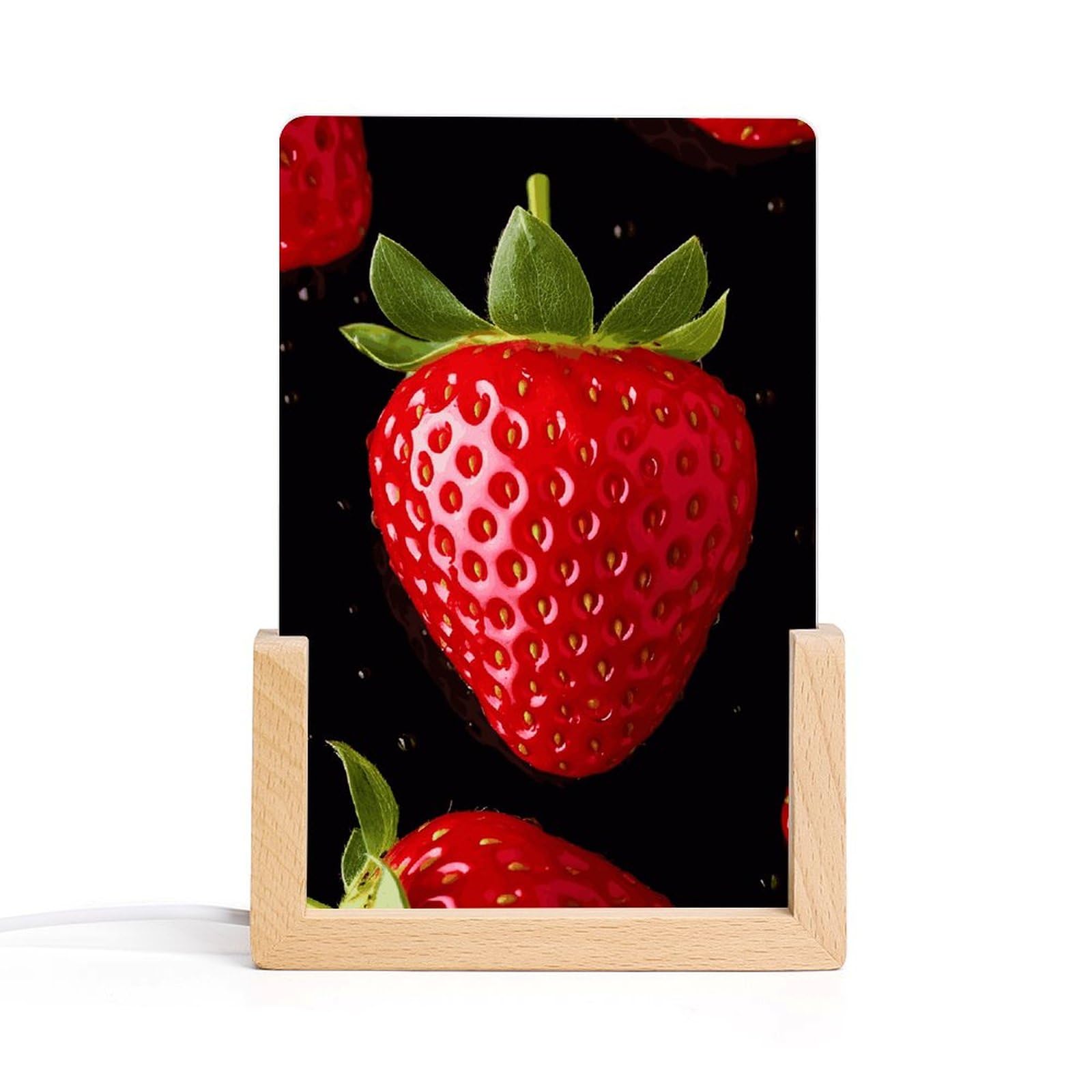 JTREHY Acrylic Night Light,Strawberry Printed Wooden Base LED Night Light Modern Home Decoration Light with USB Switch Cable for Bar Cafe Bedroom Room Decoration