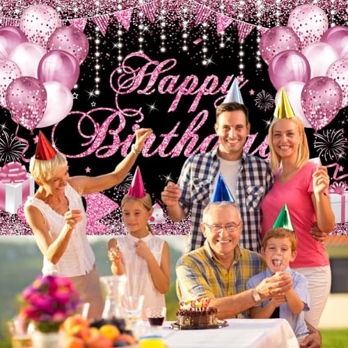 Image of Happy Birthday Banner - Birthday Decorations for Women Girls Pink Birthday Party Banners Welcome Happy Birthday Background Sign for Theme Party Decorations Indoor Outdoor
