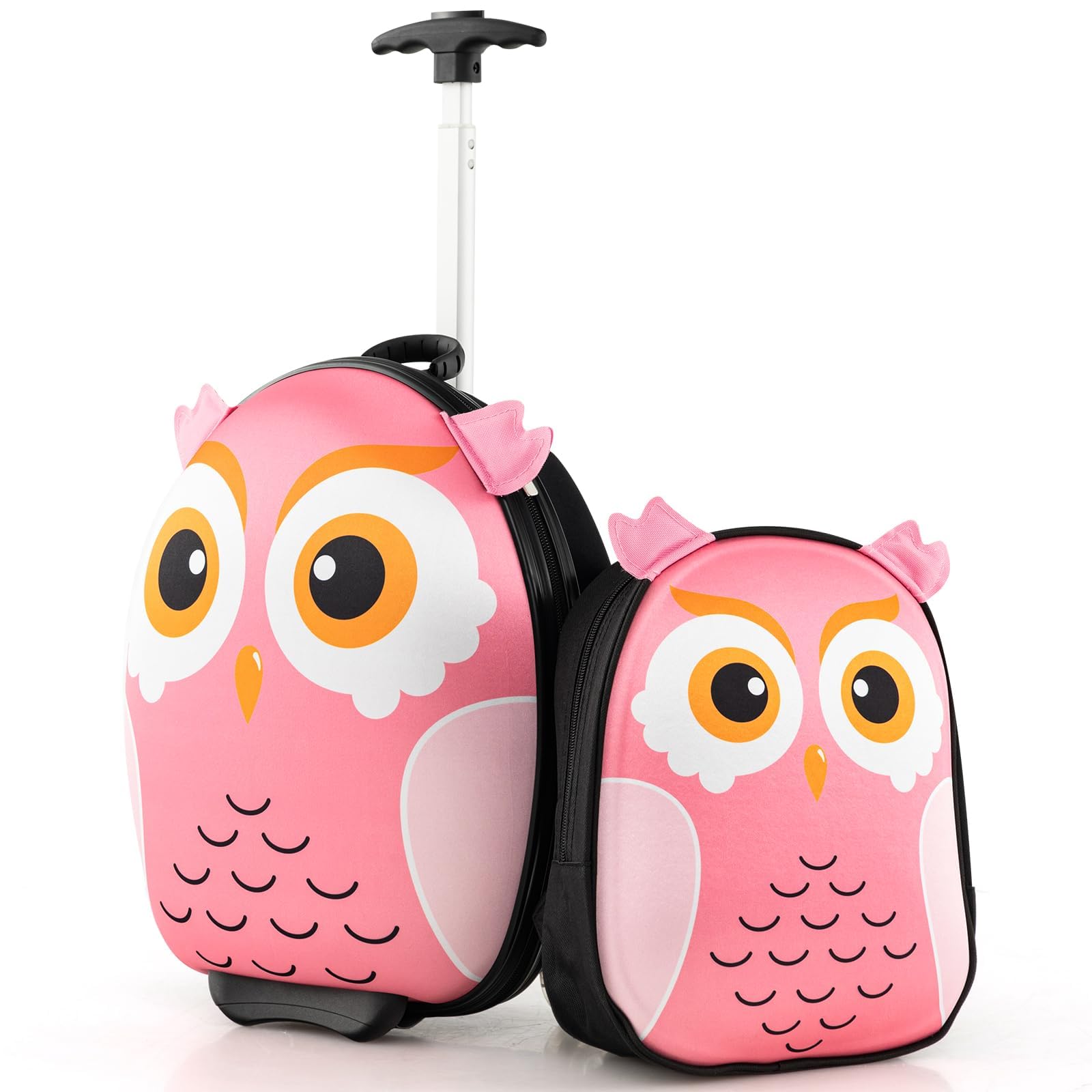 RELAX4LIFE Set 16''+12'' di Valigie per Bambini 2 in 1, 2 Pezzi, Trolly 16''+Zaino 12'', con Ruote Girevoli, Maniglia Retrattile, Zaino con Piedini in Plastica (Gufo)