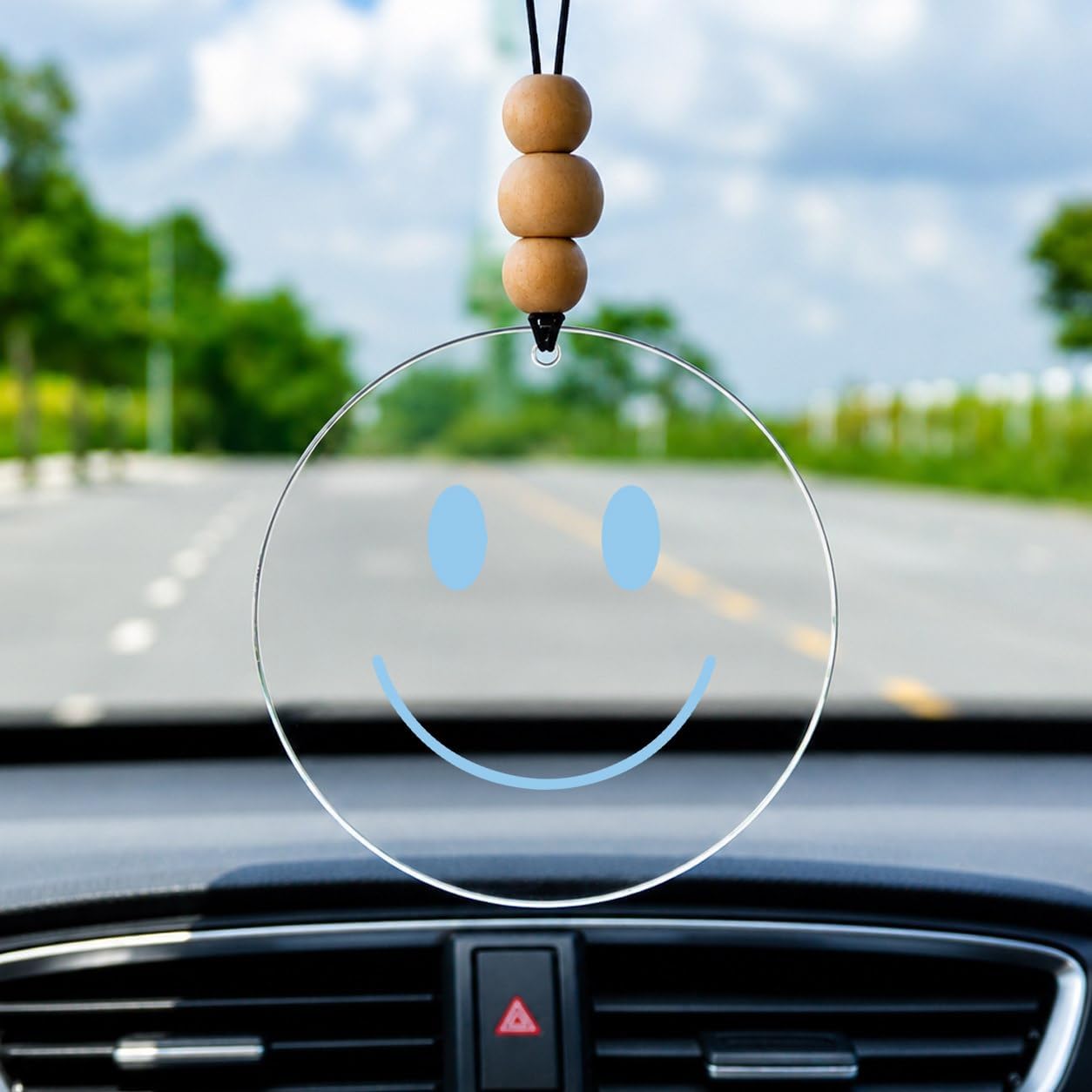 Talataca Smiley Face 2D Flat Car Ornament & Wood Beads, Baby Blue Happy Face Beaded Rear View Mirror Accessories, Rearview Hanging Charm, Christmas Tree Decor