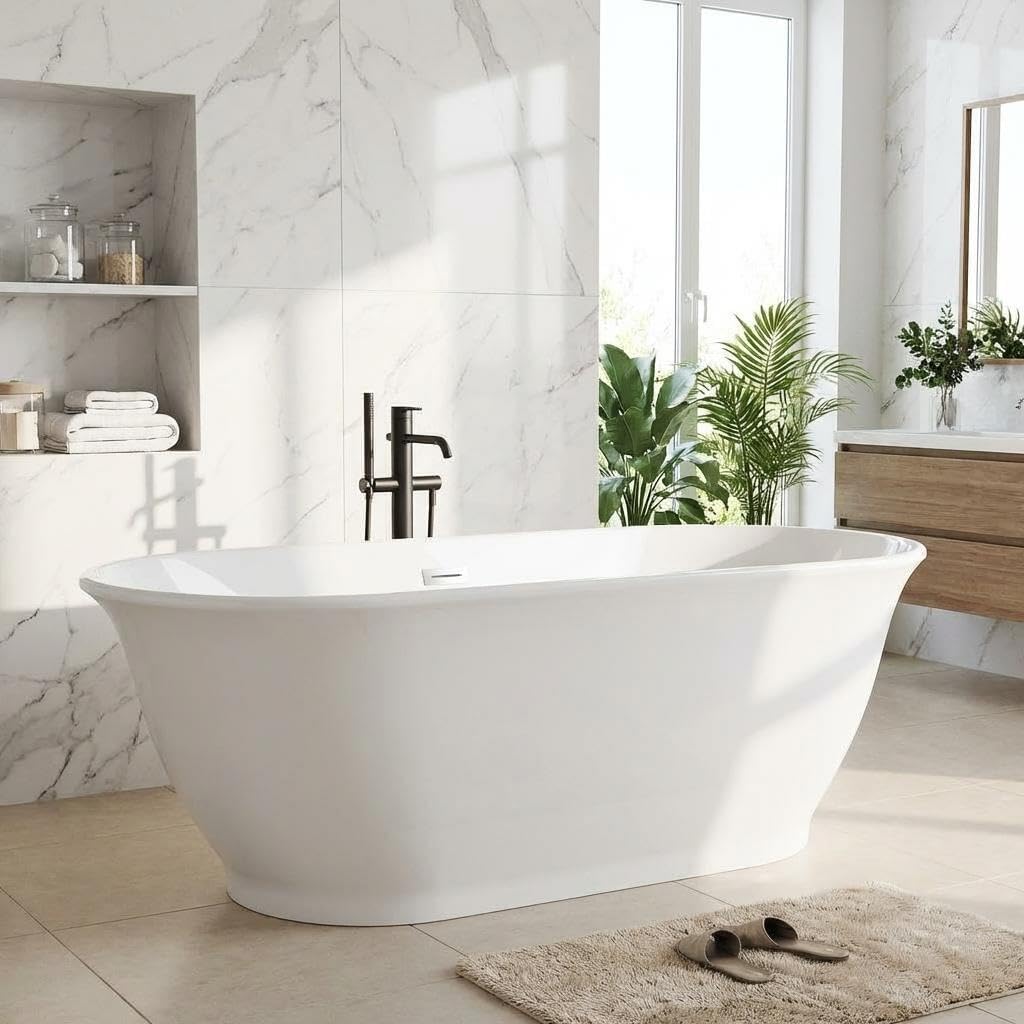 GarveeTech 67 Inch Freestanding Bathtub, Luxury Oval-Shaped Acrylic Soaking Tub, Modern Stand Alone Bathtub with Chrome Drain, Chrome Overflow and Drainage Pipe, White